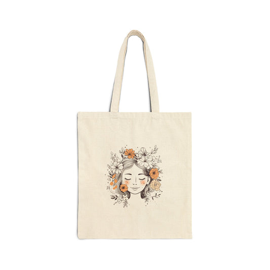 Cute Floral Girl Cotton Canvas Tote Bag